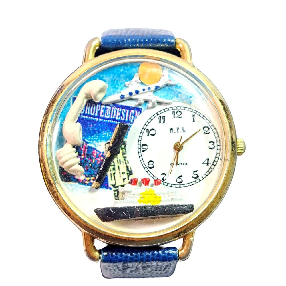 W.Y.L. Whimsical Travel Theme Wrist Watch 3D Exotic Destinations Blue White